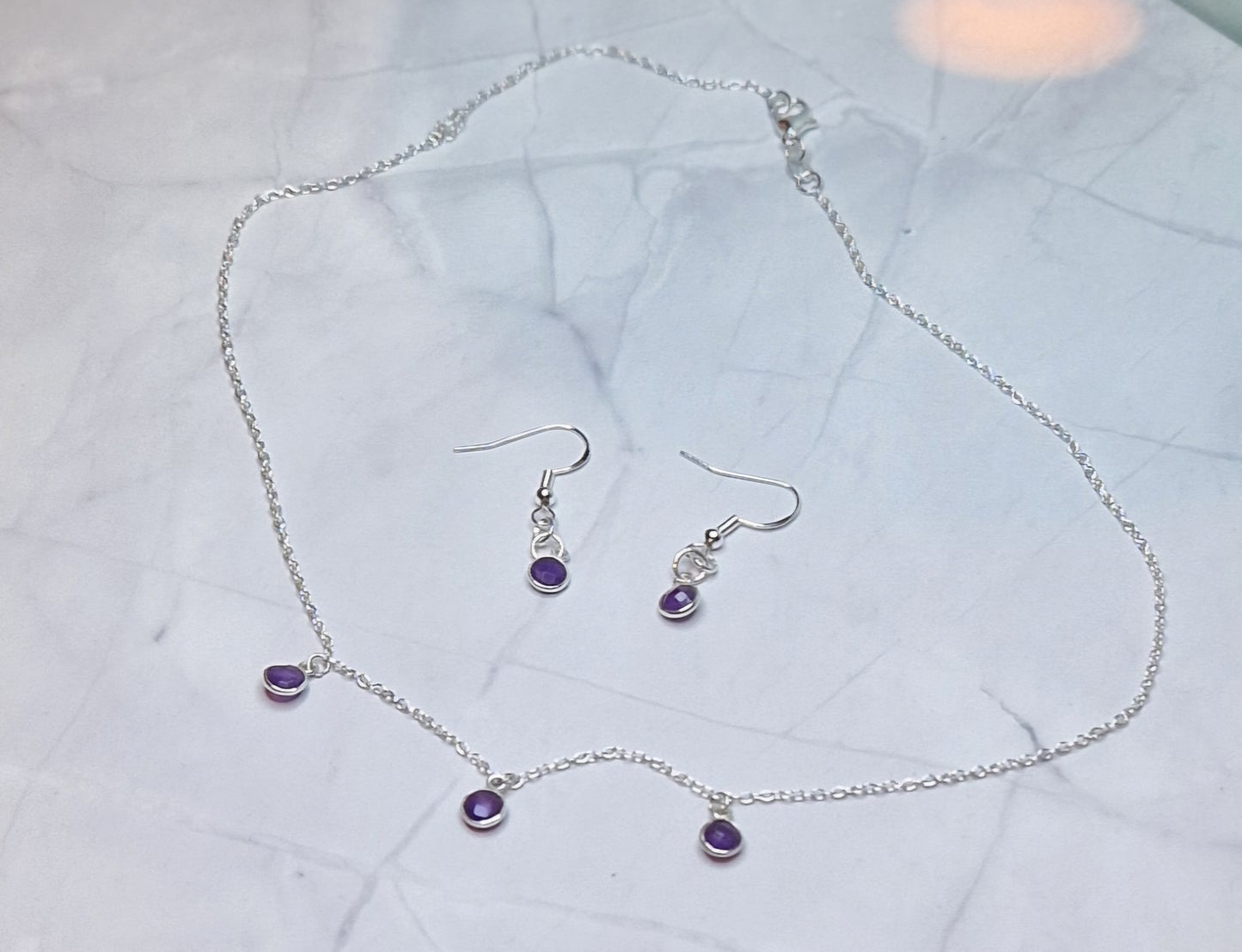 Triple amethyst necklace and earrings set