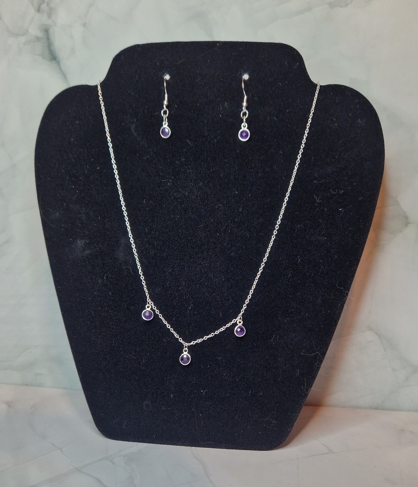 Triple amethyst necklace and earrings set