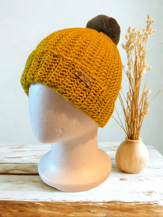 Mustard pompom beanie